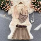 Set Of 3 : Plaid Camisole Top + V-neck Lace Cropped Top + Plain A-line Skirt