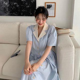 Short-sleeve Button Midi A-line Dress Blue - One Size