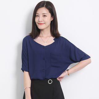 Long-sleeved Loose-fit Chiffon V-neck Plain Blouse