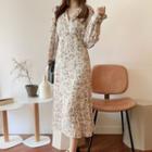 V-neck Long-sleeve Floral Print Midi A-line Dress