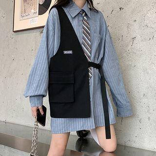 Tie-neck Striped Shirt / Asymmetrical Sashed Vest