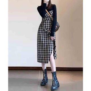 Long-sleeve Mock Two-piece Checkered Midi Dress