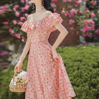 Off-shoulder Strawberry Print A-line Maxi Dress