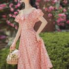 Off-shoulder Strawberry Print A-line Maxi Dress