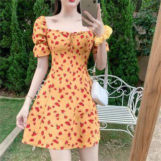 Puff-sleeve Tie Accent Floral Printed Dress