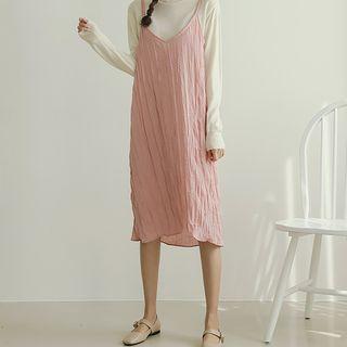 Crinkled H-line Midi Pinafore Dress