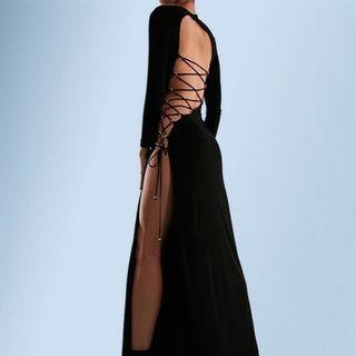 Long-sleeve Lace Up Open Back Maxi A-line Dress