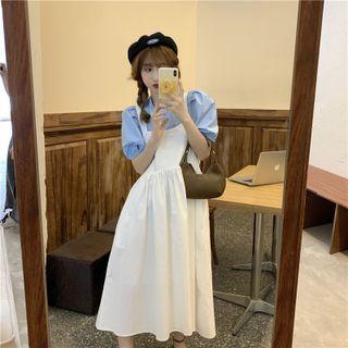 Puff-sleeve Plain Shirt + Bow-accent Overall Dress