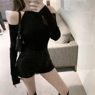 Chain Cold-shoulder Long-sleeve Knit Top Black - One Size