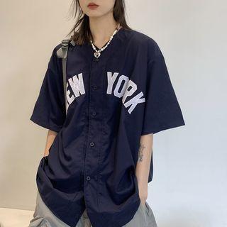 Short Sleeve Collarless Letter Applique Oversized Shirt