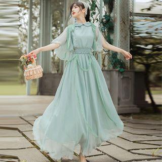 Short-sleeve Collared Midi A-line Chiffon Dress