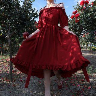 Short-sleeve Ruffle Trim Off-shoulder Midi Dress