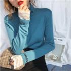 Lace Trim Letter Embroidered Long-sleeve T-shirt