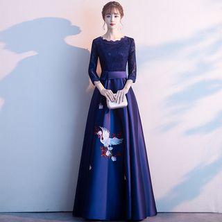 Elbow-sleeve Lace Crane Print A-line Evening Gown