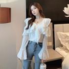 Ruffle V-neck Long-sleeve Loose-fit Blouse