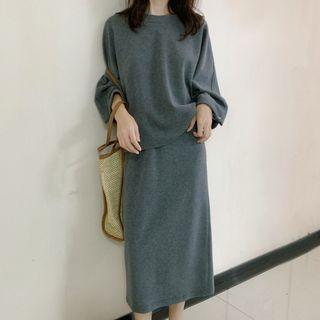 Set: Plain Knit Top + Midi A-line Knit Skirt