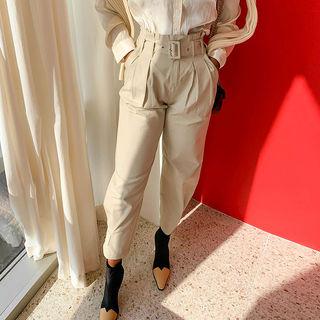 Pintuck-trim Straight-cut Pants With Belt