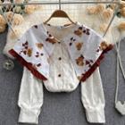 Long-sleeve Lapel Ruffle Print Embroidered Top White - One Size