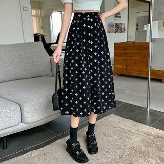 Cross Print Midi A-line Skirt
