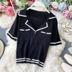 Short-sleeve Contrast Trim Polo Knit Top Black - One Size