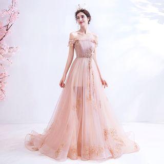 Flower Embellished Strapless A-line Evening Gown