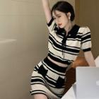 Set: Short-sleeve Collar Striped Cropped T-shirt + Mini Pencil Skirt Set Of 2 - T-shirt & Skirt - Stripe - Black & Beige - One Size
