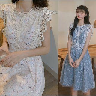Lace Trim Floral Sleeveless A-line Dress