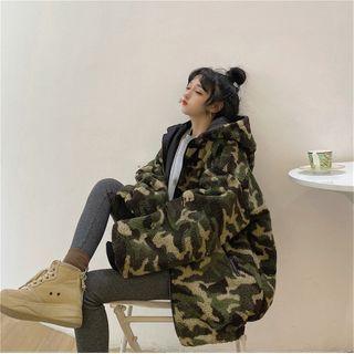 Reversible Camo Print Fleece Hooded Jacket Army Green - One Size