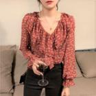 Floral Print Ruffle Chiffon Blouse Red - One Size