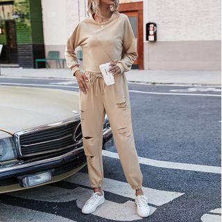Set: Cropped Sweatshirt + Distressed Sweatpants