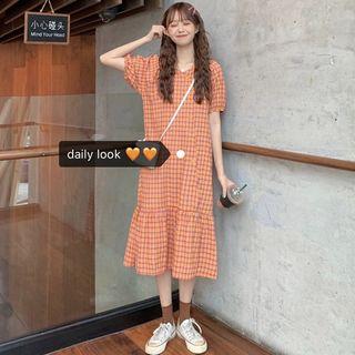 V-neck Plaid A-line Dress Orange - One Size