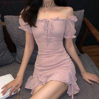 Balloon-sleeve Ruffled Drawstring Mini Sheath Dress