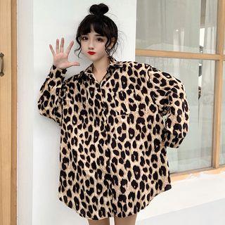 Set: Long-sleeve Leopard Print Shirt + Wide-leg Shorts