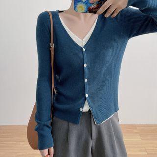 V-neck Mock Two-piece Knit Cardigan