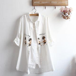 Embroidered Linen Shirt / Set: Embroidered Linen Shirt + Ruffled Camisole Top