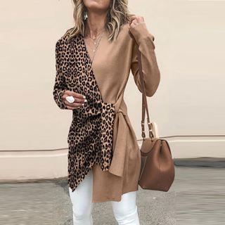 Long-sleeve Leopard Print Irregular Wrap Top