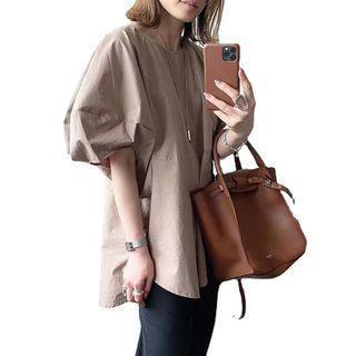 Short-sleeve Plain Blouse Khaki - One Size