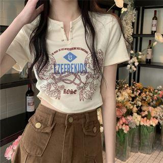 Short-sleeve Print Notched Top Almond - One Size