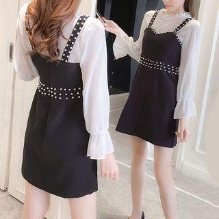 Set: Ruffle Trim Long-sleeve Top + Faux-pearl Detail Pinafore Dress