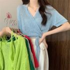 Short-sleeve V-neck Halter Knit Cropped Top