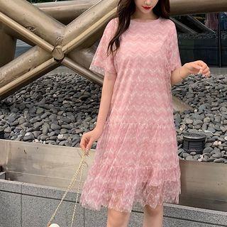 Dotted Mesh Panel Short-sleeve Dress As Shown In Figure - One Size