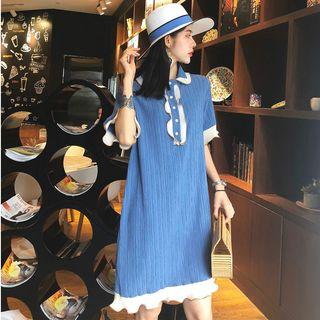 Color-block Frilled Loose-fit Short-sleeve Dress