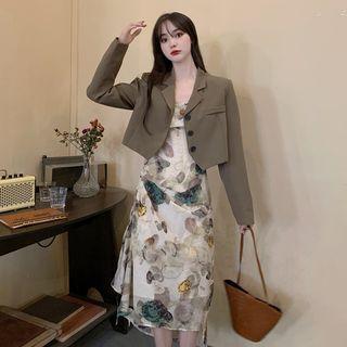 Spaghetti-strap Print Drawstring Midi A-line Dress