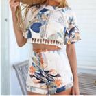 Set: Short-sleeve Open-back Floral Print Crop Top + Shorts