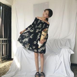 Floral Print Off Shoulder 3/4 Sleeve Chiffon Dress