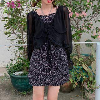 Strappy Floral Print Mini Sheath Dress / Sheer Cardigan