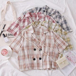 Double-breasted Plaid Crop Shirt