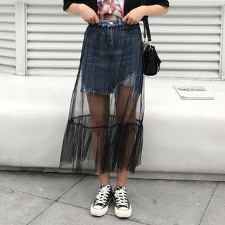 See-through Distressed Denim Skirt