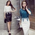 Set: Elbow-sleeve Lace Panel Top + Fitted Skirt