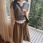 Long-sleeve Shirt / Houndstooth Sweater Vest / Midi A-line Skirt